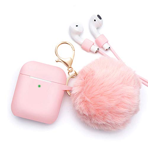 Product Cover BLUEWIND Drop Proof Protective Silicone Skin, Cute Fur Ball Keychain/Strap for Apple Airpods (Pink)