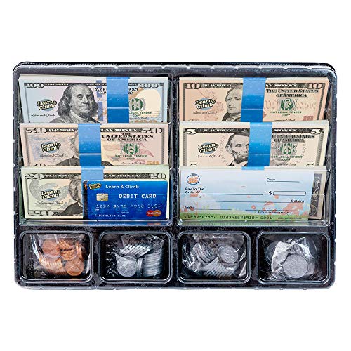 Product Cover Learn & Climb Play Money Set for Kids - Realistic Dollar Bills, Coins, Credit & Debit Cards & Checkbook. Add-on for Pretend Play Cash Register