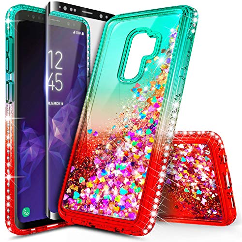 Product Cover Galaxy S9 Case with Screen Protector (Full Coverage) for Girls Women, NageBee Glitter Liquid Sparkle Bling Floating Waterfall Quicksand Diamond Shockproof Cute Case for Samsung Galaxy S9 -Teal/Candy