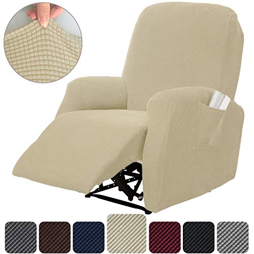 Product Cover Rose Home Fashion RHF 4 Separate Piece Stretch Recliner Slipcovers, Recliner Chair Cover, Recliner Cover Furniture Protector Elastic Bottom, Recliner Slipcover with Side Pocket (Beige-Recliner)
