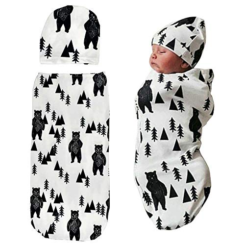 Product Cover Newborn Swaddle Sack with Baby Hat Set Sleeping Sack  Soft  Stretchy Cotton for 0-3 Months Baby Boys Ink Bear Print by TIANNUOFA