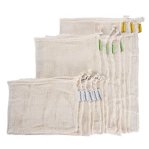 Product Cover Atopsell Reusable Mesh Produce Bags BCI Cotton Premium Lightweight Washable Durable Bags Set of 12 with 3 Different Sizes for Storage Grocery Shopping 5 Small/4 Medium/3 Large