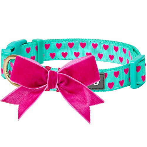 Product Cover Blueberry Pet 2019 New Valentine Heart Flocking Dog Collar in Minty Green with Detachable Velvety Bowtie, Medium, Neck 14.5