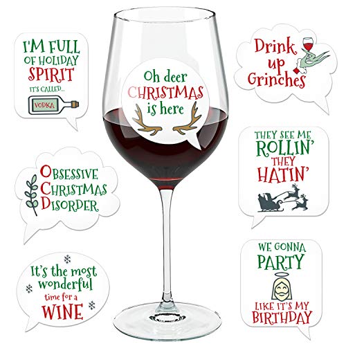 Product Cover Funny Christmas Wine Glass Drink Markers - Wine Charms Alternative - 18 Static Cling Reusable Stickers (Xmas)