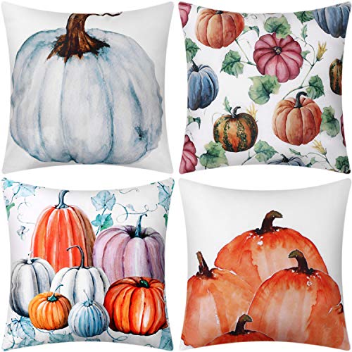 Product Cover Jetec 4 Pieces Autumn Pumpkin Pillow Cover Sofa Back Throw Cushion Cover for Thanksgiving Day Fall Harvest Home Decoration, 18 by 18 Inches (Color Set 2)