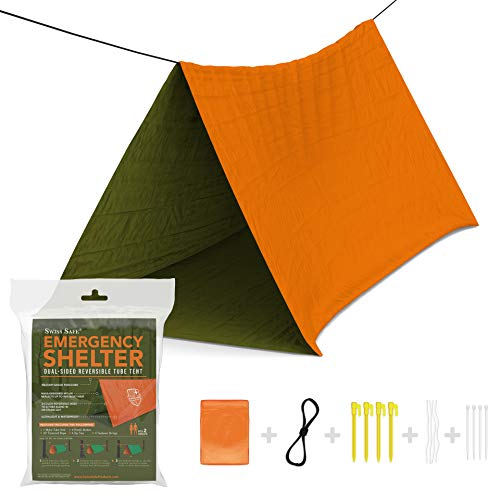 Product Cover Swiss Safe Emergency Survival Shelter Tent (Reversible Two-Sided Tent) + Paracord, Tent Spikes, Zip-Ties: 100% Waterproof, Ultralight and Extra Large