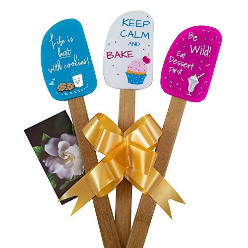 Product Cover 3 Piece Fun Silicone Spatula Gift Set with lovely bow and photo gift card. Easy clean, durable, high temperature and stain resistant. Bamboo handles. Great for gifts, baking, cooking, sauteing.
