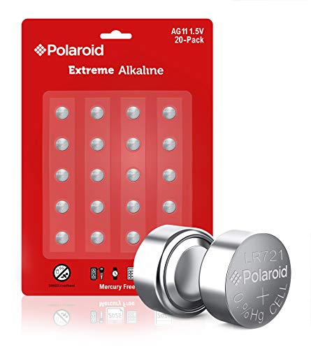 Product Cover Polaroid Extreme AG11 LR58 361 362 162 LR721 1.5V Button Cell Alkaline Batteries Mercury Free 0% Hg (20-Pack) - 2025 Expiry Date