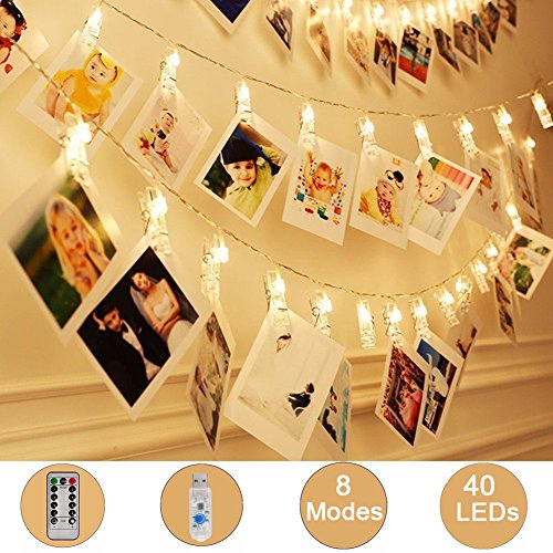 Product Cover Weepong 40 LED Photo Clips Lights, 16.4 ft USB Operated Remote Timer Fairy String Lights Holder for picture Hanging Artwork Teen Girls Gift Wedding Wall Party Dorm Bedroom Decor (8 Modes Warm White)