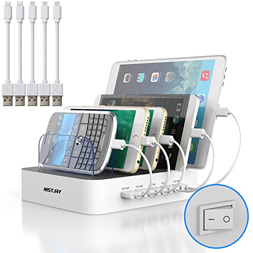 Product Cover Multi Device Charging Station MSTJRY USB Charging Dock with Switch Cell Phone 5 Port Charging Station for Android Tablets (White, 5 Cables Included)