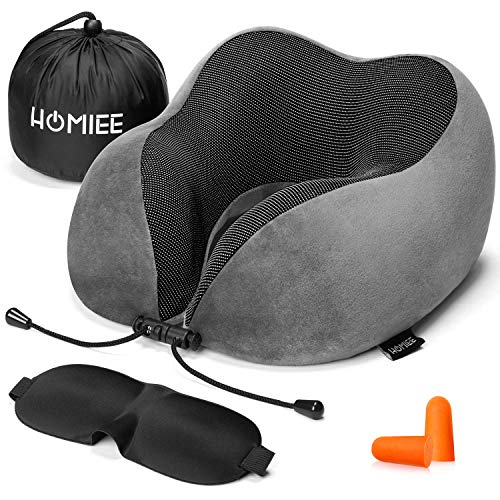 Product Cover HOMIEE Travel Pillow Neck Support Pillow Memory Foam Cushion Essentials with Sleep Mask, Earplugs -Portable Storage Bag Included, Ideal for Travelling and Flights (Grey)