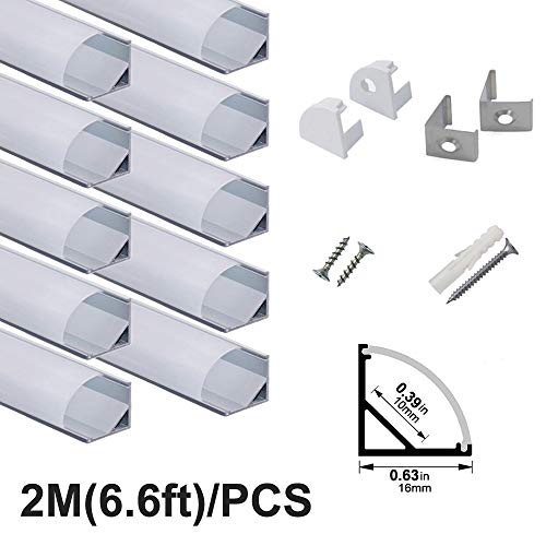 Product Cover hunhun 10-Pack 6.6ft/ 2Meter V Shape LED Aluminum Channel System With milky Cover, End Caps and Mounting Clips, Aluminum Profile for LED Strip Light Installations, Very Easy Installation