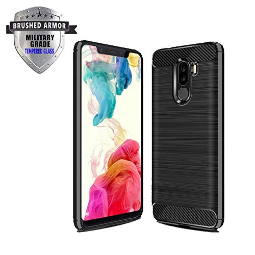 Product Cover Xiaomi Pocophone F1 Case, Shockproof Brushed Rugged Anti-Drop Carbon Fiber Rubber Soft Silicone Full-Body Protective Cover for Xiaomi Pocophone F1 w/Tempered Glass Screen Protector. (Black)