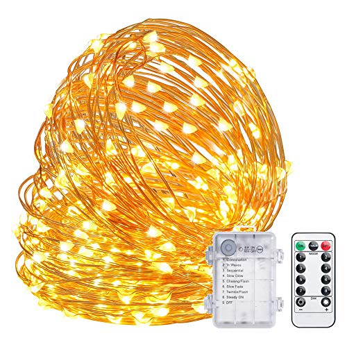 Product Cover TingMiao Fairy Lights 32.8ft 100 LED String Lights Battery Operated with Remote Waterproof Copper Wire Lights for Indoor Decorative Lights (Warm White)