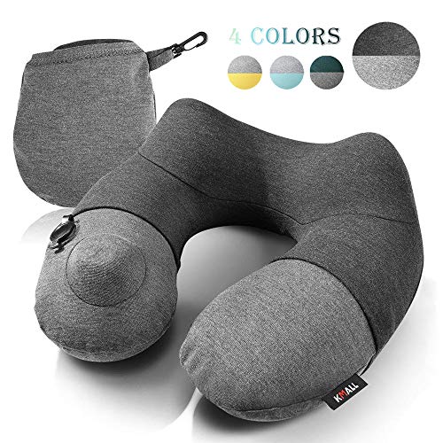 Product Cover Kmall Inflatable Travel Neck Pillow for Airplane Travel Best Neck Support Sleep Travel Pillow with Super Comfort Pillow Case, Gray, 11.5x11.2x5.1 inches