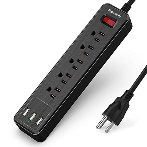 Product Cover USB Surge Protector Power Strip Mountable Extension Cord Fire Proof Multiple Protection 5 Outlet 3 USB Port with Hook & Loop Fastener for iPhone iPad PC Home Office Travel Black SUPERDANNY