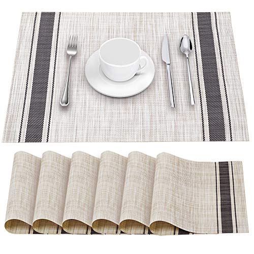 Product Cover YOSICHY Table Mats Set of 6 Crossweave Woven Vinyl Placemats Heat Resistant Non-Slip Kitchen Placemats for Dining Table Washable Easy to Clean(Grey)