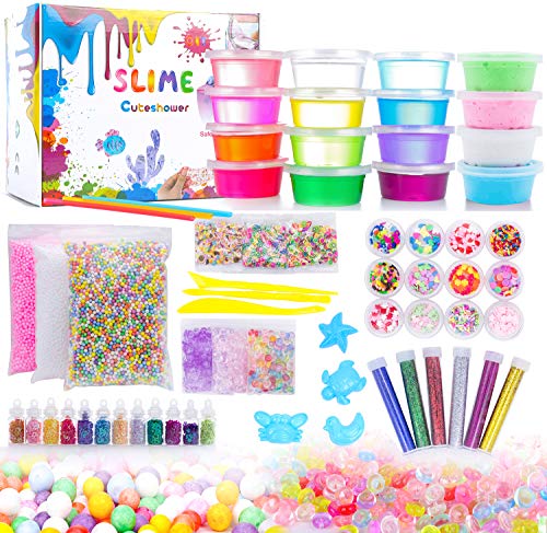 Product Cover DIY Fluffy Slime Kit, Crystal Slime Making Kit Comes with 16 Colors Slime, Glitter Powder, Colorful Foam Balls, Fruit Slices, Holographic Glitter Shake Jars, Fishbowl Beads, Fake Candy Sprinkles for