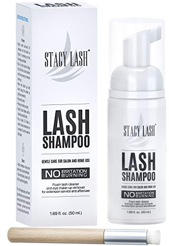 Product Cover Eyelash Extension Shampoo Stacy Lash + Brush / 50ml / Eyelid Foaming Cleanser/Wash for Extensions and Natural Lashes/Paraben & Sulfate Free Safe Makeup & Mascara Remover/Professional & Self Use