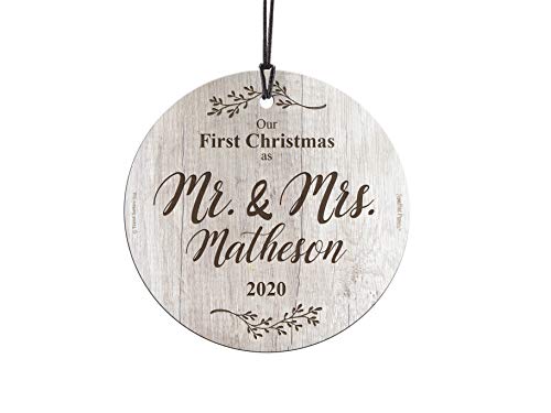 Product Cover First Christmas Married Glass Ornament - Mr and Mrs Personalized - Rustic Farmhouse Wood Design - Suncatcher Hanging Print Christmas Tree Date Display 3.5