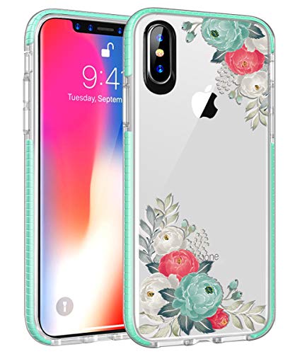 Product Cover iPhone Xs Max Case, Clear TPU Flower Design Teal Frame Case for iPhone 6.5 Inch, Full Body Protection Slim Fit Protective Case for iPhone Xs Max 6.5 inch (2018)
