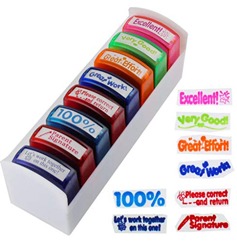 Product Cover WeeDee Self-Inking Teacher Stamps Set - Mess-Free Motivation Colorful School Grading Stamp Set with Storage Tray for Classroom, School, Homework (8-Piece)