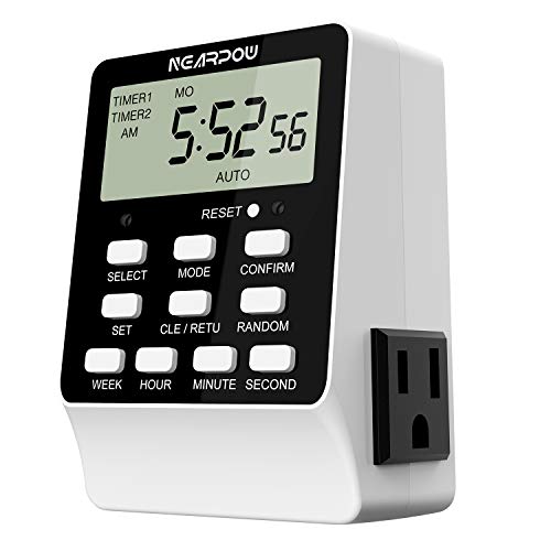 Product Cover Outlet Timer, NEARPOW Dual Digital Light Timer with 2 Independently-controlled Outlets, 18 ON/OFF Programs, 24-Hour and 7-Day Programmable,Indoor Heavy Duty Electrical Timer Switch, 3 Prong, 15A/1800W
