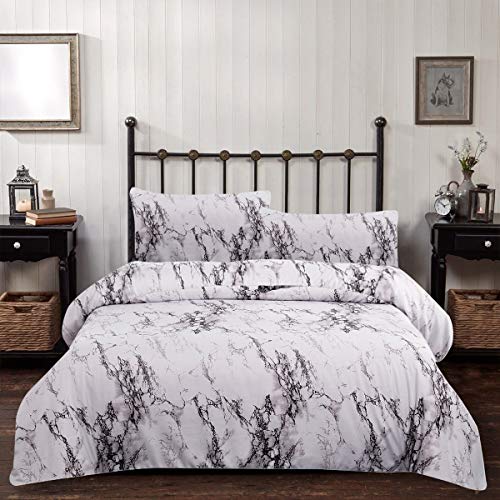 Product Cover Marble Comforter Set Queen White Gray Marble Printed Bedding Solid Comforter Set for All Seasons, 3 Pieces(1 Comforter+2 Pillowcases),Soft Microfiber Inner Down Comforter Duvet Set