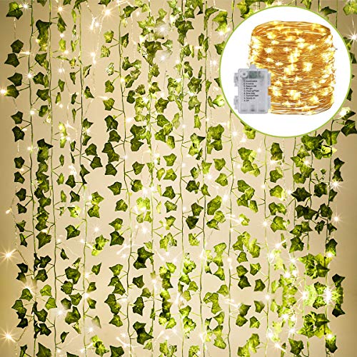 Product Cover KASZOO 84Ft 12 Pack Artificial Ivy Garland Fake Plants, Vine Hanging Garland with 80 LED String Light, Hanging for Home Kitchen Garden Office Wedding Wall Decor, Green