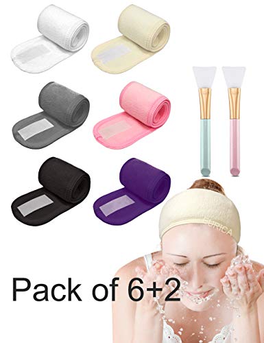 Product Cover EUICAE Spa Headband Hair Wrap Sweat Headband Head Wrap Hair Towel Wrap Non-slip Stretchable Washable Makeup Headband for Face Wash Facial Treatment Sport Pack of 6 with 2 Facial Mask Brush Fits All