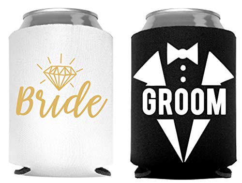 Product Cover Bride and Groom Can Coolers, Set of 2, 1 White and 1 Black Beer Can Coolies, Cute Wedding Gifts, Novelty Can Cooler, Perfect Engagement or Anniversary Gift, Bridal Shower Gift