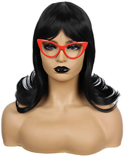 Product Cover Codeven Short Black Flip Bob Wigs Halloween Costume Cosplay Wig for Women with Red Glasses Frame