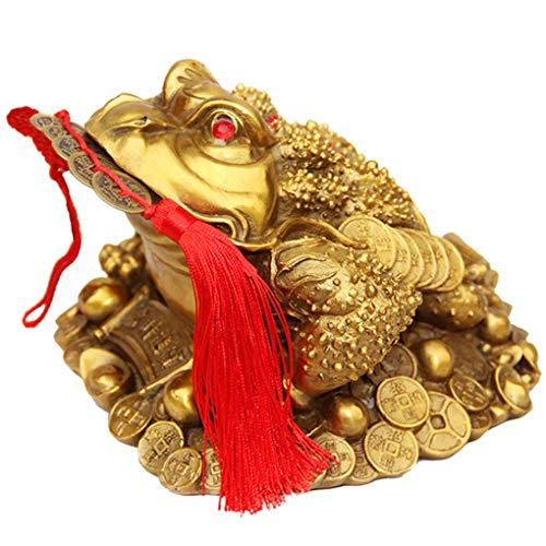 Product Cover Amperer Brass Feng Shui Money Frog Three Legged Wealth Traditional Frog Money Toad Statue with Set of 5 Lucky Charm Ancient Coins on Red String Home Car Fengshui Decor (B1 Money Frog)