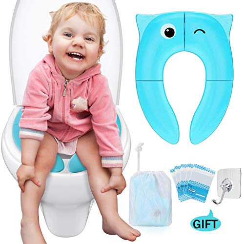 Product Cover Portable Travel Potty Seat, Upgrade Folding Large Non Slip Silicone Pads Travel Reusable Toilet Potty Training Seat Covers Liners for Babies, Toddlers and Kids - Carry Bag & Hook Included (Blue)