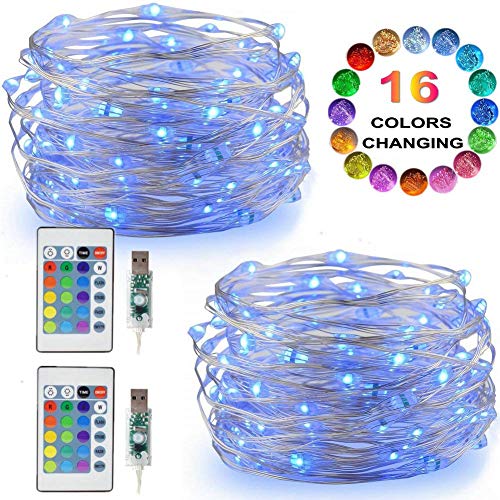 Product Cover LED String Lights, 2 Set Multi Color Changing Fairy Lights USB Plug-in Lights Remote & Timer, 4 Modes Indoor Decorative Silver Wire Lights Bedroom Party Halloween Xmas (16ft, 16 Colors, 50 LEDs)