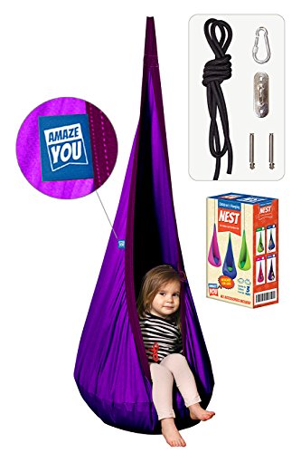 Product Cover AMAZEYOU Kids Swing Hammock Pod Chair - Child's Rope Hanging Sensory Seat Nest Indoor Outdoor Use Inflatable Pillow - Great Children, All Accessories Included (Purple)