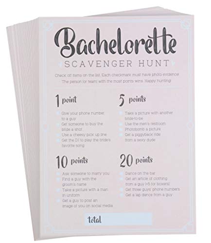 Product Cover Bachelorette Party Games - 50-Pack Bar Scavenger Hunt Drinking Game and Dares, Fun Novelty Cards for Girls Night Out, Bachelorette Party Supplies, 5 x 7 Inches
