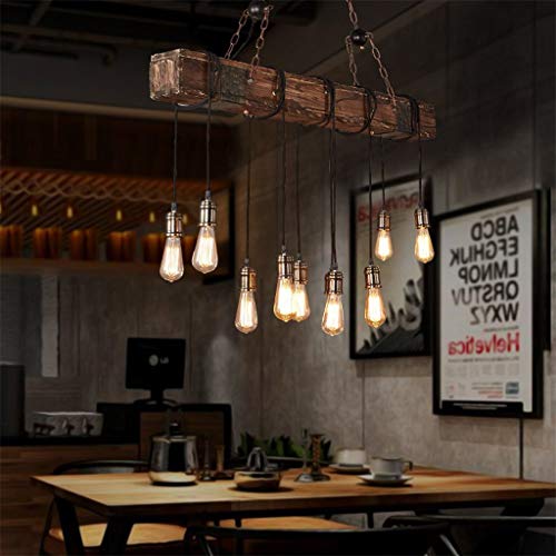 Product Cover 10-Lights Chandelier Wooden Retro Rustic Pendant Light - Industrial Suspension Light line can be Adjusted Freely - Distressed Wood Chandelier for Dining Table Vintage Kitchen, Bar, Island, Billiard.