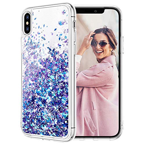 Product Cover Caka iPhone Xs Max Case, iPhone Xs Max Glitter Case with Tempered Glass Screen Protector Bling Flowing Floating Luxury Glitter Sparkle Soft TPU Liquid Case for iPhone Xs Max (6.5 inch) (Blue Purple)