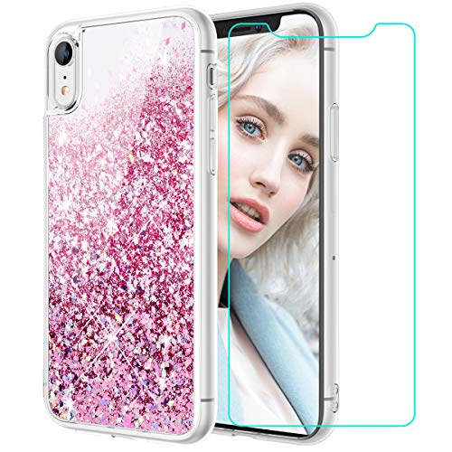 Product Cover Maxdara Case for iPhone XR Glitter Case Tempered Glass Screen Protector Floating Liquid Bling Sparkle Luxury Pretty Fashion Girls Women Case XR 6.1 inches (Rosegold)