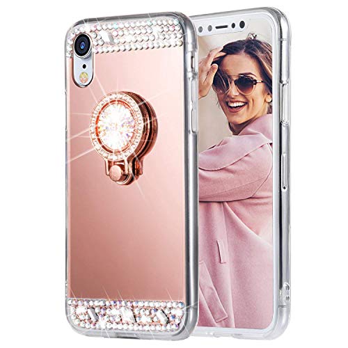 Product Cover Caka iPhone XR Case, iPhone XR Glitter Case Mirror Series Bling Luxury Cute Shiny Mirror Makeup Protective TPU Case for Girls with Ring Kickstand Diamond Crystal for iPhone XR (Rose Gold)