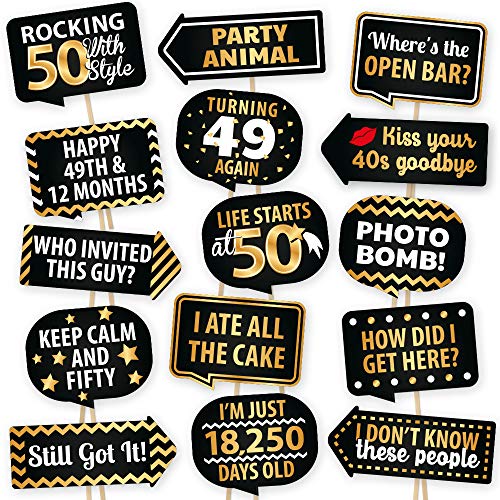 Product Cover 50th Birthday Photo Booth Props By PartyGraphix - European Made Black And Gold 50th Birthday Decorations - Easy To Assemble 50th Anniversary Photo Booth Props Kit Includes 15 Pieces