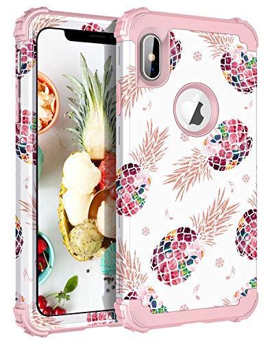 Product Cover LONTECT Compatible iPhone Xs Max Case Floral 3 in 1 Heavy Duty Hybrid Sturdy Armor High Impact Shockproof Protective Cover Case for Apple iPhone Xs Max 6.5 Display, Pineapple/Rose Gold