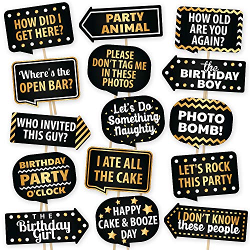 Product Cover Happy Birthday Photo Booth Props By PartyGraphix - European Made Black And Gold Selfie Props Birthday Decorations - Easy To Assemble Birthday Party Selfie Prop Kit Includes 15 Pieces