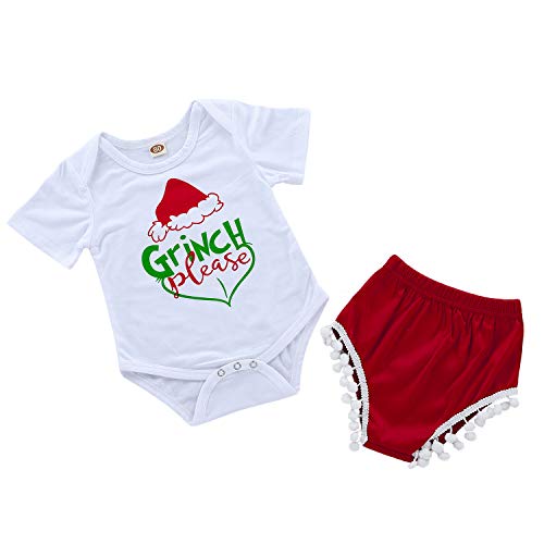 Product Cover Infant Baby Girls Xmas 2pcs Clothes Set Toddler Baby Grinch Please Funny Letter Printed Bodysuit Matching Shorts Outfits