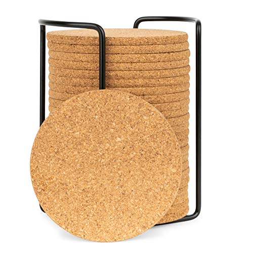Product Cover Olivia & Aiden Cork Coasters Set | 24 Piece Set | Round Thick, Super Absorbent | Fits Cups, Mugs, Wine Glasses | Heat-Resistant Counter and Table Protection | Includes Metal Coaster Holder