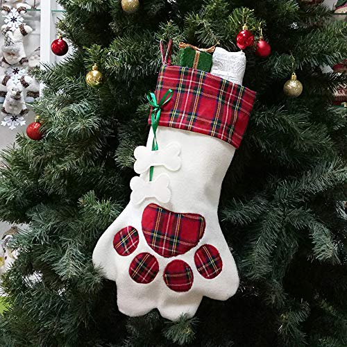 Product Cover QBSM Dog Christmas Stocking Pet Cat Large Paw Personalize Hanging Puppy Stockings with Bone, Red