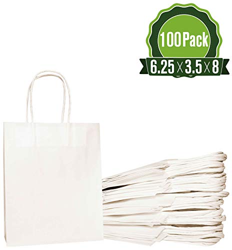 Product Cover White Kraft Paper Gift Bags Bulk with Handles 6.25x3.5x8 [100 Bags]. Ideal for Shopping, Packaging, Retail, Party, Craft, Gifts, Wedding, Recycled, Business, Goody and Merchandise Bag
