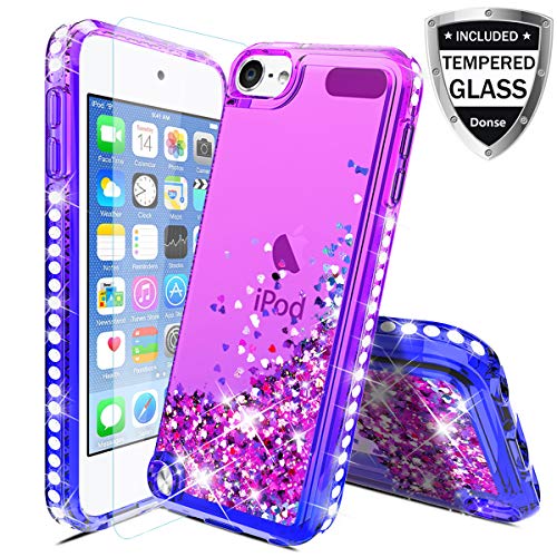 Product Cover For Apple iPod Touch 7/5/6,iPod 7th/5th/6th/Generation Case W/Glass Screen Protector,Donse Glitter Liquid Quicksand Floating Shiny Sparkle Flowing Bling Diamond Luxury Case for Girls Women,Purple/Blue