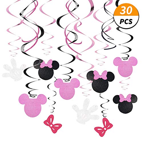 Product Cover 30 Ct Minnie Hanging Swirl Decorations - Ceiling Streamers for Mouse Birthday Party - Mini Mouse Theme Party Supplies - Party Favors for Kids - Glitter Pink, Black and White Decor by Kristin Paradise